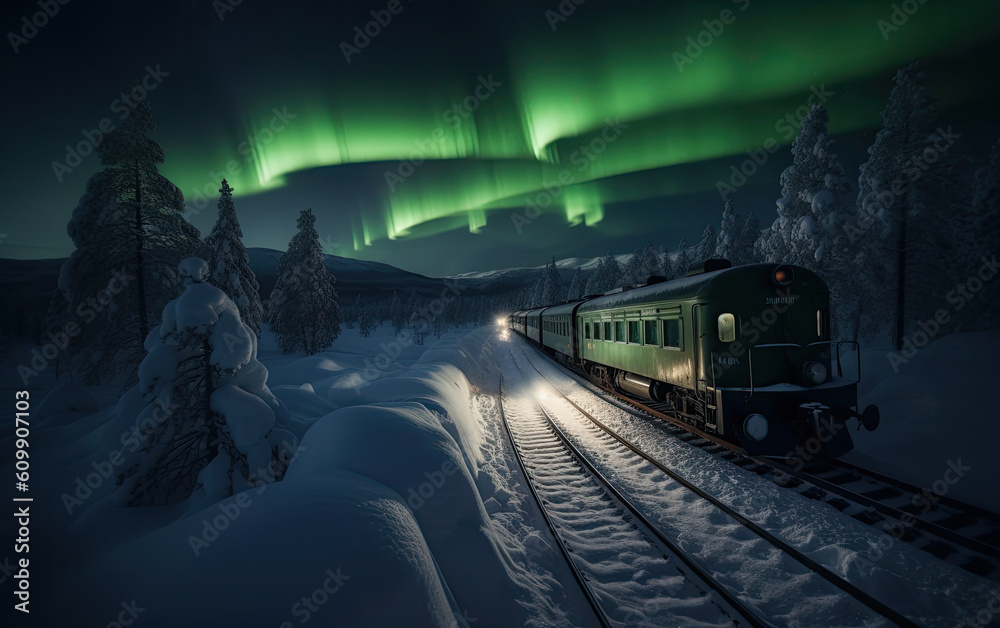 Wall mural train in the night with aurora light. generative ai.