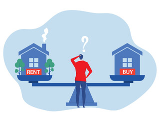 Businessman standing confuse to choose to buy or rent a house
home apartment vector illustration