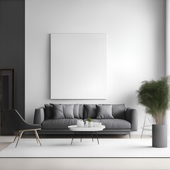 A living room with a gray couch and a white table