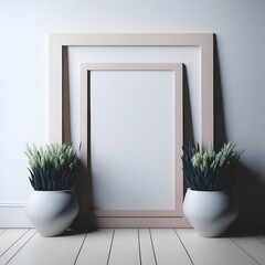 A picture frame sitting next to two potted plants