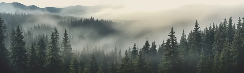 Cercles muraux Forêt dans le brouillard panorama of a coniferous forest in the mist of tree tops. generative ai