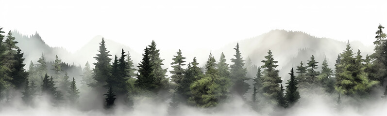 coniferous forest isolated on a white background panorama, tops of fir trees. Generative AI