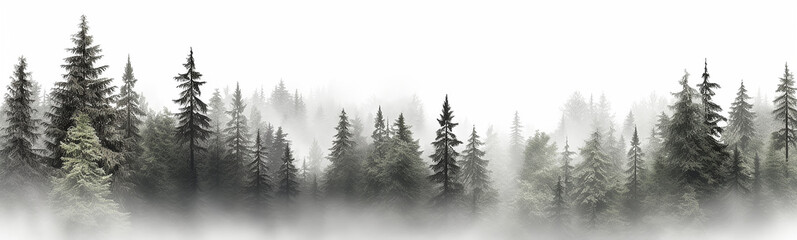 Fototapeta premium coniferous forest isolated on a white background panorama, tops of fir trees. Generative AI