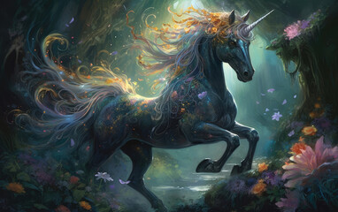 Unicorn horse with the flowers at jungle background. Generative AI.
