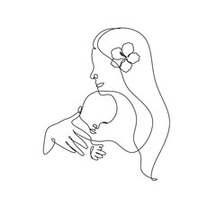One line drawing woman and baby minimal logo. Line art mother and child vector illustration. Happy Mother day card.