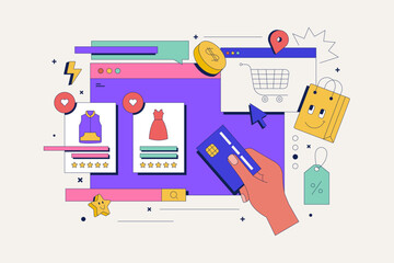 Shopping web concept with character scene. Purchases and ordering goods, making online payment in credit card.  Vector illustration for marketing material.