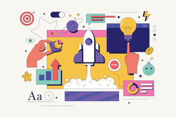 Startup project web concept with hand character scene. Man generates ideas for launches new business, investment and developing. Vector illustration for marketing material.