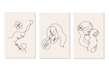One line drawing woman and baby minimal logo. Line art mother and child vector illustration. Happy Mother day card.