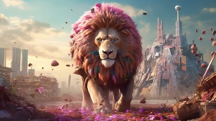 Figure lion stands on the background of the city Generative AI