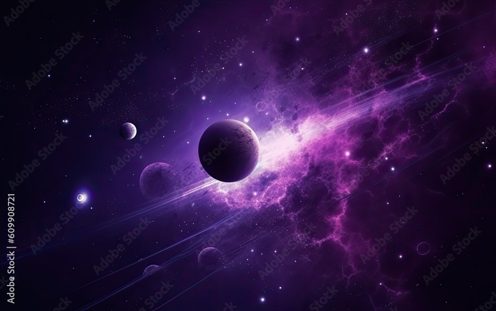Wall mural purple planet in space. generative ai.