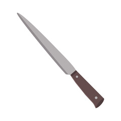 Dishes. A kitchen knife with a long blade.