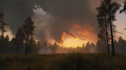 Obraz na płótnie Canvas Countryside forest with cloudy sky covered by fire smoke during the evening. Generative Ai