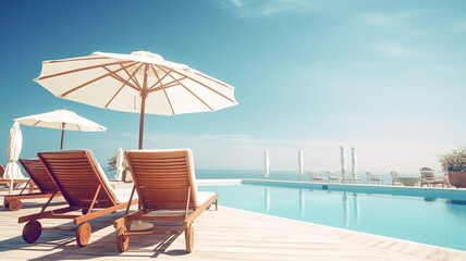 Obraz premium Summer vacation at poolside. Veranda decorated with deck chairs and umbrella with an ocean view with blue sky at sunny day. Generative Ai
