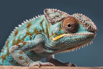 Obraz premium Chameleon on a blue background close-up, created with Generative AI technology.