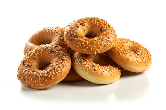 A bunch of bagels isolated on white background