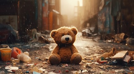 Children's Teddy bear toy sits in the city garbage Generative AI