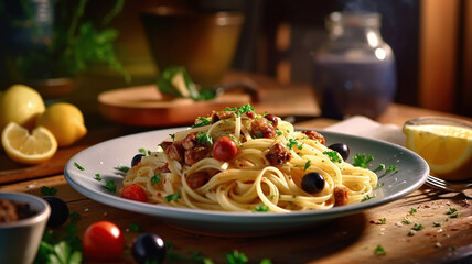 delicious vegetarian dish of pasta with olives and parsley on wooden table. Generative Ai