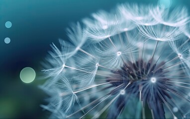 Dandelion seeds on blue with droplets. Generative AI.	
