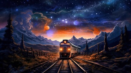 Naklejka premium Drawing Night Train Rides Drawing Night Train Rides Vibrant Colors Generative AI