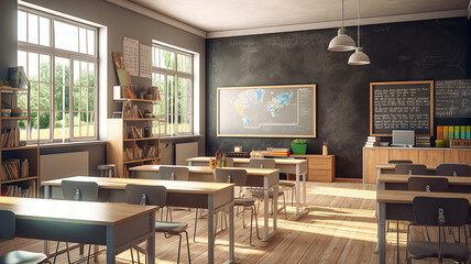 School classroom with school desks and blackboard. Generative Ai - obrazy, fototapety, plakaty