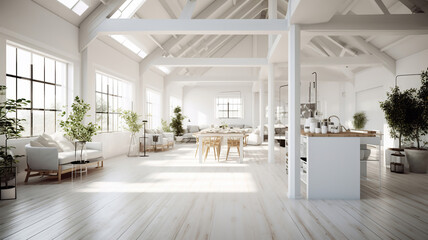 Fototapeta na wymiar White loft interior in scandinavian style. Generative Ai