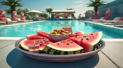 Watermelon plater with drinks on vacation at the swimming pool. Generative Ai