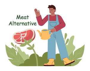 Healthy vegan diet. Character eating meat substitutes, meatless