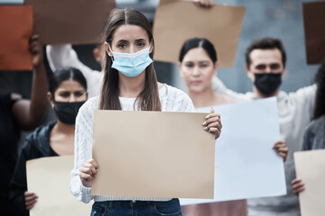 Blank protest poster, woman mask and portrait with fight, human rights support and rally sign. Urban, group and protesting people with a male person holding a pro vaccine movement signage on a street