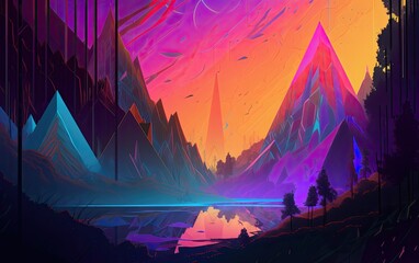 Fototapeta na wymiar Vibrant colorful landscape with triangle mountains art. Generative AI.