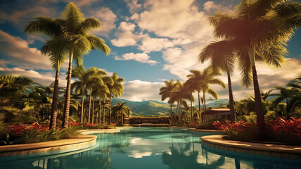 swimming pool surrounded with palms looking away while resting on tropical resort against cloudy sky. Generative Ai