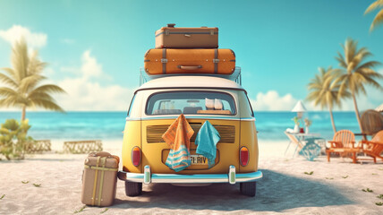 Summer travel  Blue van with luggage for summer holidays van  Beach sea view Vacation 