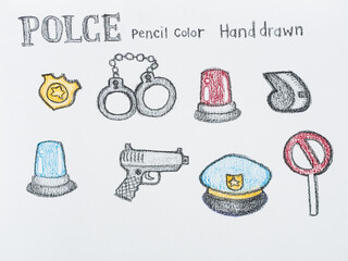 Police elements pencil color hand drawn on canvas paper