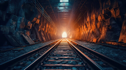 Fototapeta na wymiar train track in a tunnel. Generative Ai