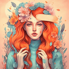 Fototapeta na wymiar portrait of a beautiful girl with flowers illustration mental health awareness generative ai