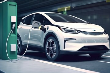 Obraz na płótnie Canvas Modern electric car is charging at a charging station. Generative AI. Ecology. Generative AI.