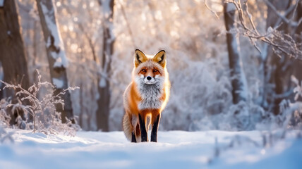Obraz premium Fox on the winter forest meadow with white snow. Generative Ai