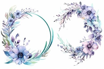Beautiful gift cards for text with nice watercolor hand drawn floral wreath. Generative AI.