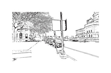 Building view with landmark of Providence is the capital city in U.S. state. Hand drawn sketch illustration in vector.