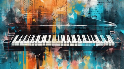 Generative AI, Jazz music street art with piano musical instrument silhouette. Ink colorful graffiti art on a textured wall, canvas background