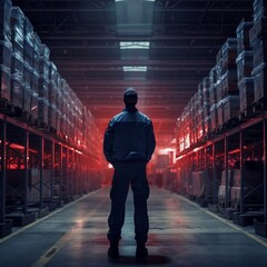 Warehouse Security Officer Patrolling from Behind. Generative AI