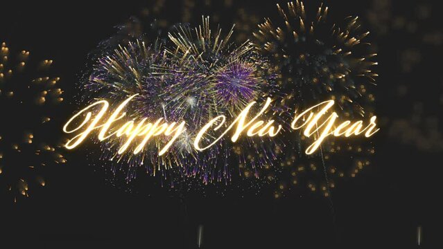Happy New Year banner, word and fireworks isolated on black background, animation and creativity with glow. Text, font and abstract graphic art with party poster, light and celebration in a studio