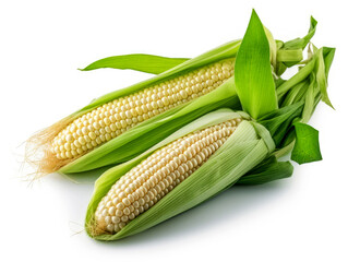 Cob of young corn with green leaves isolated on white background