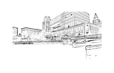 Building view with landmark of Providence is the capital city in U.S. state. Hand drawn sketch illustration in vector.
