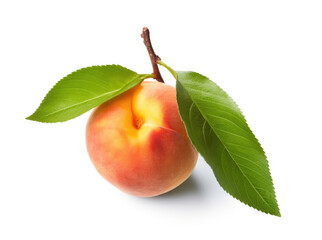 Peach with green leaves isolated on white background
