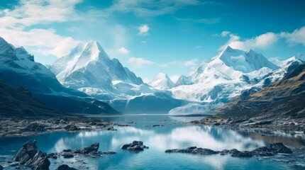 Incredible landscape of snowy mountains and clear blue lake. Generative AI.