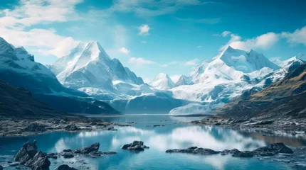 Küchenrückwand glas motiv Incredible landscape of snowy mountains and clear blue lake. Generative AI. © Hanna