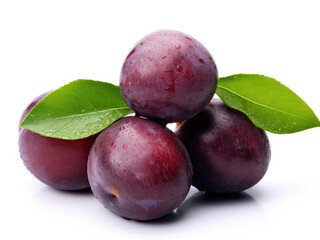 Obraz premium Plums with green leaves isolated on white background