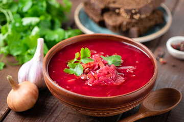 Borscht, ukrainian red Beetroot soup, vegan vegetable comfort food bowl