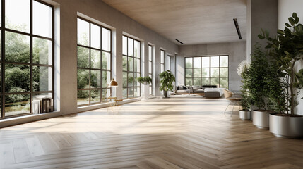 Fototapeta premium a roomy office and open space with two conference tables, wood walls, and a wooden desk, in the style of monochrome toning, photo-realistic landscapes, living materials, glazed surfaces, light silver 