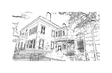 Obraz premium Building view with landmark of Providence is the capital city in U.S. state. Hand drawn sketch illustration in vector.
